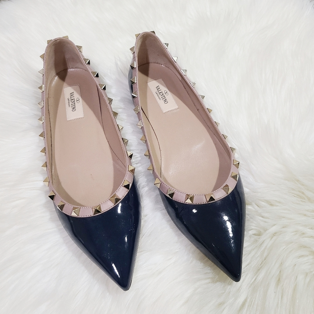 * SOLD * Valentino Garavani Patent Rockstud Ballerina Flats Navy Blue Size 39.5